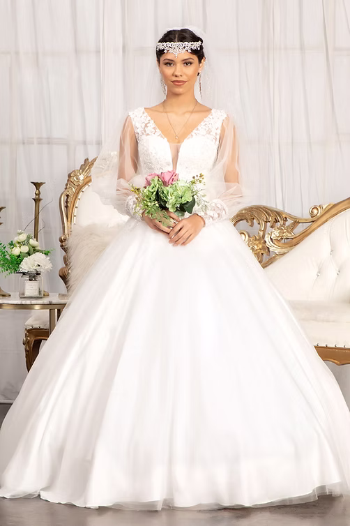 Deep V-neck long-sleeve ballgown wedding dress Phoenix AZ - Strictly Weddings